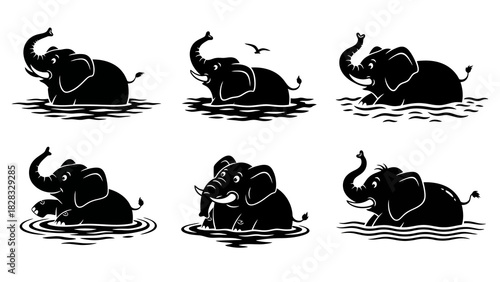 Playful elephants splashing and bathing in water, diverse black silhouette illustrations depicting happy animals in various poses enjoying refreshing moments