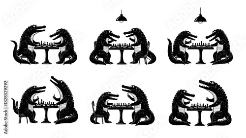 Two crocodiles playing chess against each other, detailed black and white illustrations of intelligent reptiles engaged in strategic board game, thinking poses