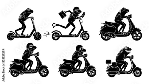 Frogs riding scooters and motorbikes in black and white silhouette vector set. amphibians commuting and enjoying ride on vehicles