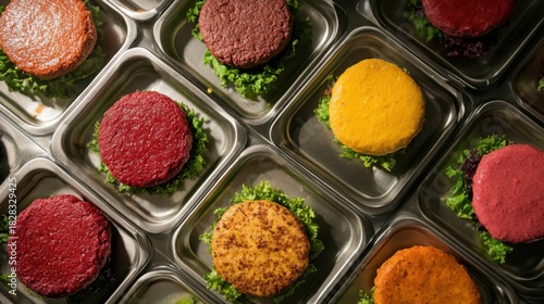 Colorful lab grown burger patties served on metal trays