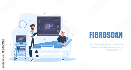 Fibroscan concept. Abdominal ultrasound procedure. Radiologist scanning patients liver for fatty disease, cirrhosis or cancer detection. Vector illustration in flat cartoon style.