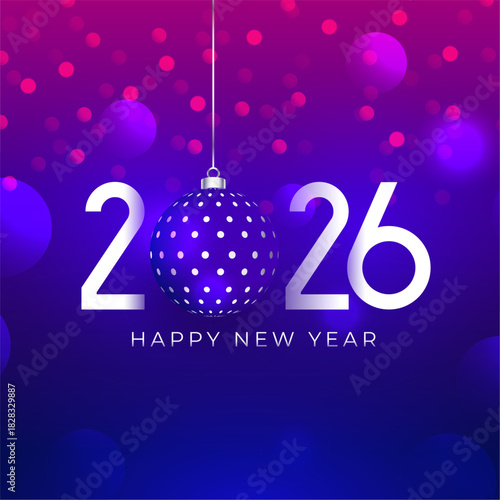 2026 new year party card with hanging bauble