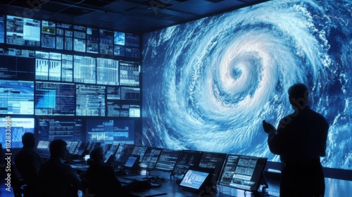 Scientists analyzing hurricane data in a weather warning center