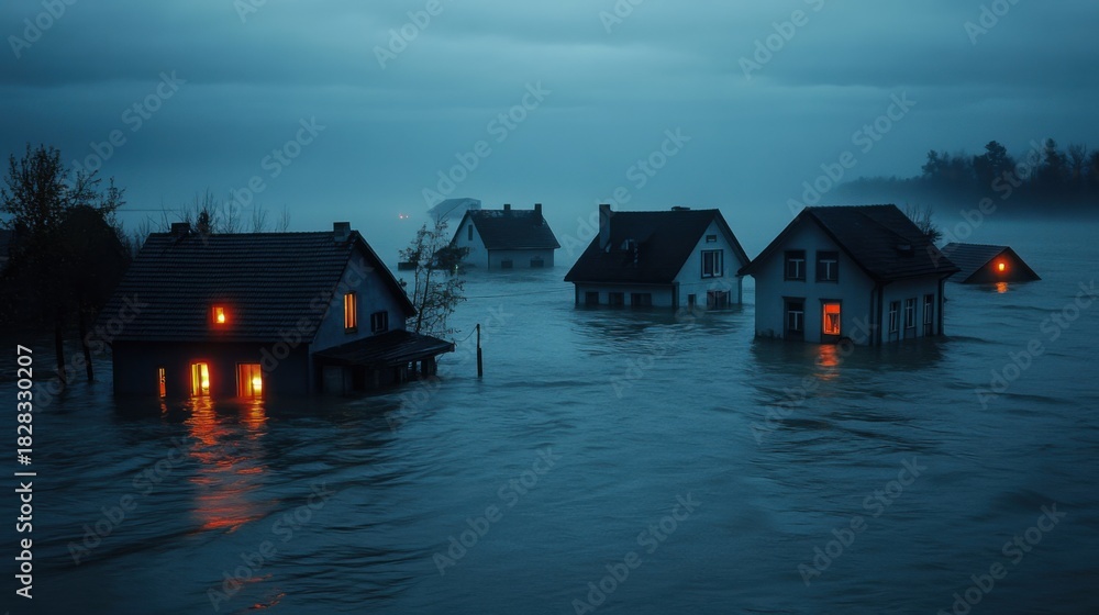 Fototapeta premium Submerged Coastal Village Showing Homes Under Flood Water