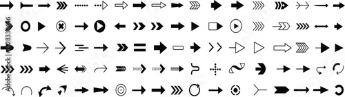 Arrow icon set, stylized directional symbols, geometric and curved arrow designs, UI navigation and graphic illustration elements
