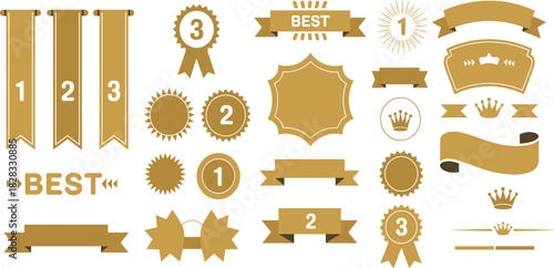 Award icon set, ranking badge and ribbon design, gold and blue achievement symbols, best quality graphic illustration