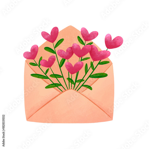 Floral envelope illustration isolated on transparent background. Valentine envelope illustration for cards, invitations, posters, elements design.
