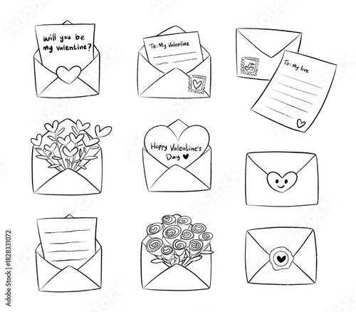 Set of line art envelope illustrations on transparent background. Romantic valentine envelope illustrations for cards, elements design, templates, posters.