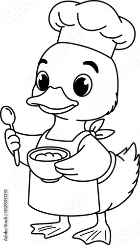 Cute Baby Duck Chef Wearing Hat and Apron Holding Bowl Outline