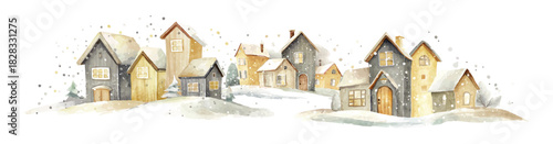 winter village watercolor illustration with snow falling, vector template for winter and christmas greeting cards or real estate advertising, cozy cream and grey colours isolated on white background