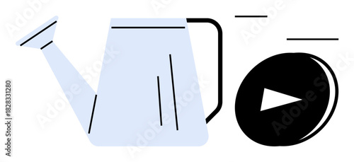 Minimalist blue watering can beside a black play button, symbolizing nurturing, growth, progress, education, strategy, innovation, digital growth and modern simplicity. Ideal for personal or