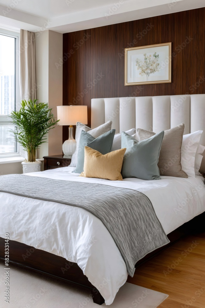 Fototapeta premium Modern elegant bedroom interior with king size bed and wood wall