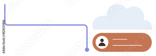 Cloud icon linking via a line to a user profile UI element. Ideal for connectivity, networking, storage, tech solutions, privacy, digital profiles, data flow concepts. Simple flat metaphor