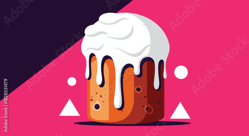 Vibrant and modern illustration of an Easter cake with dripping white icing against a geometric pink and purple background.