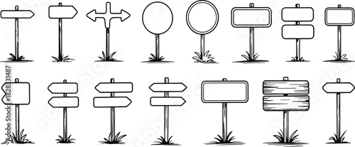 Cartoon signpost icon set, hand-drawn directional and blank signage designs, graphic elements for navigation and instruction