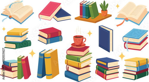 Colorful book illustration set, cozy reading icons, stacked and open books, coffee and plant decor, education design elements