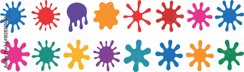 Colorful paint splatter icon set, abstract drip and splash shapes, vibrant artistic design, creative expression illustration