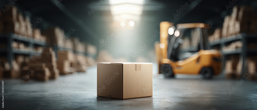 Fototapeta premium Single cardboard box package focused in large warehouse aisle. Logistics, distribution, and shipping concept with forklift in background