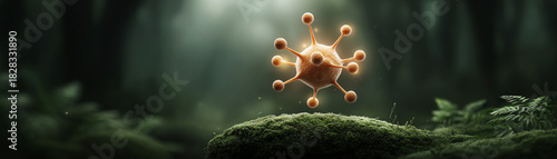 Menacing fantasy monster with many eyes floating in dark magical forest. strange creature illuminated by single sunbeam in jungle