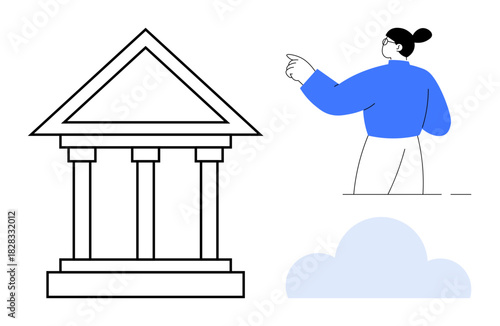 Person pointing at a classical building with columns and a cloud, representing authority, education, or governance. Ideal for law, leadership, society, history, progress stability simple flat