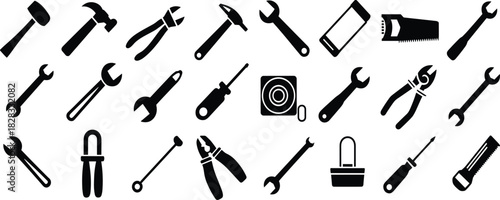 Hand tool icon set, black silhouette vector, construction and repair equipment, DIY hardware graphic illustration elements