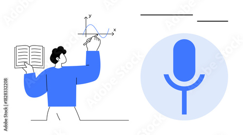 Person analyzing graph with open book in hand alongside digital microphone symbol. Ideal for education, online learning, science, data analysis, podcast, creativity, simple flat metaphor