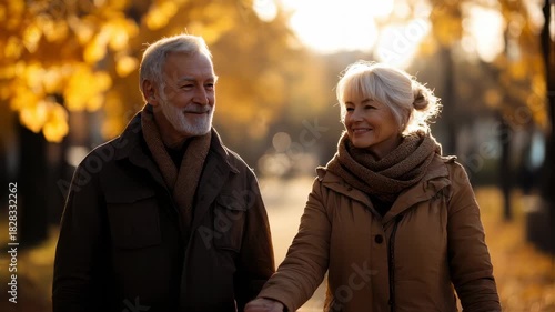Loving senior couple walking in autumn park, embracing a healthy and active lifestyle enjoying