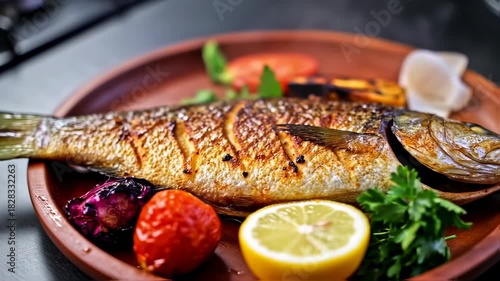 Delicious Grilled Fish with Fresh Vegetables and Lemon on a Wooden Plate Presentation