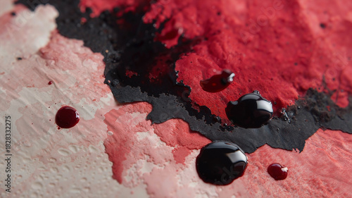 Extreme close-up of black sumi ink bleeding into coarse red handmade rice paper, forming feathery organic edges and splatters, emphasizing the rough paper pulp texture.