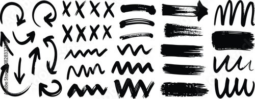 Hand-drawn brushstroke and arrow icon set, expressive black sketch elements, graphic design and annotation illustration