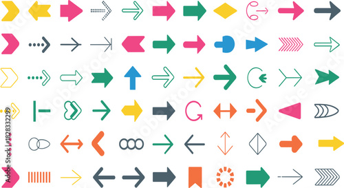Colorful arrow icon set, directional symbol grid, hand-drawn sketch style, UI navigation design, playful graphic illustration