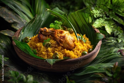 Fototapeta Naklejka Na Ścianę i Meble -  Exotic Chicken and Rice Dish Served on Banana Leaf.