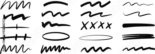 Hand-drawn ink doodle icon set, expressive brushstroke and line art elements, black sketch design illustration