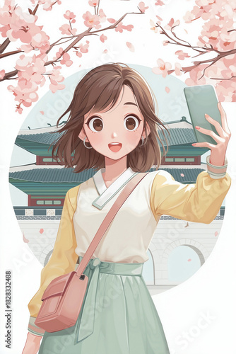 Anime style illustration of a young Chinese female traveler in Hanbok taking a selfie with a smartphone, framed by pink cherry blossoms and Gyeongbokgung palace.