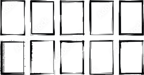 Hand-drawn rectangular frame icon set, textured border designs, grunge graphic elements for art, scrapbooking, and decoration