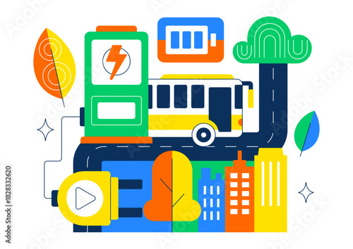 Electric Bus Transportation Illustration Featuring an Electric City Bus Charging at a Power Station with an Environmentally Friendly Public Vehicle