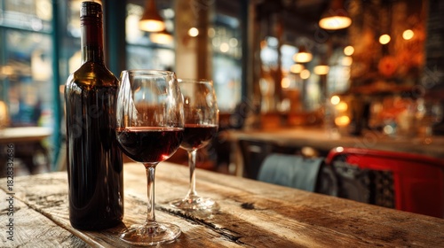 Elegant wine bottle and glasses on rustic wooden table.