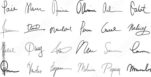 Handwritten signature icon set, stylized cursive name designs, personal script and autograph graphic elements for branding
