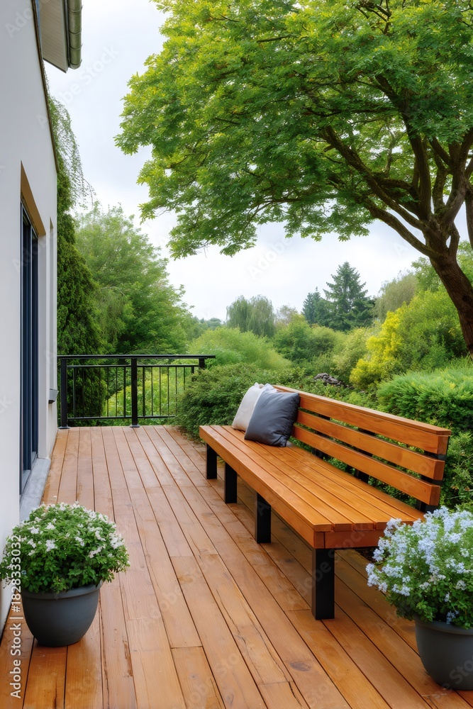 Obraz premium Wooden deck patio with bench overlooking green garden