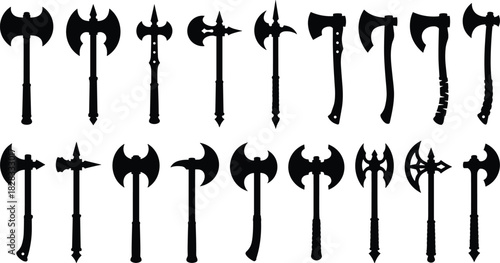 Medieval axe and polearm silhouette icon set, black weapon shapes for fantasy, battle, history, and game design themes