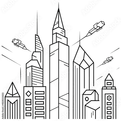 Futuristic city skyline with modern skyscrapers and flying vehicles, line art illustration isolated on white background