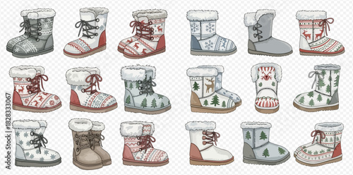 A collection of various cozy winter boots with festive and seasonal patterns, featuring fur lining and different colors, perfect for cold weather.