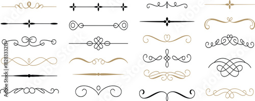 Ornamental divider icon set, decorative flourish design, black and gold horizontal separators, elegant graphic illustration elements