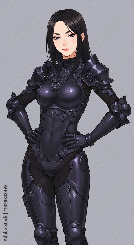 Fototapeta premium Valor in Armor: A determined figure, clad in sleek, dark armor, stands resolute with confidence. Capturing a blend of strength, determination and futuristic aesthetic.