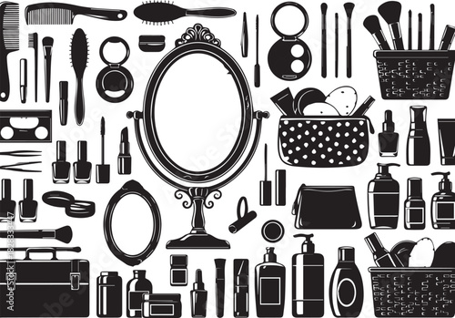 Black and white seamless pattern with cosmetics and beauty accessories