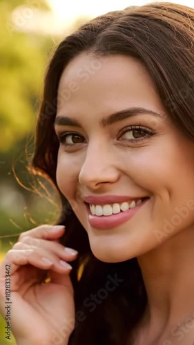 Close Up Portrait of Young Brunette Woman with Soft Light Smiling Tenderly with Hand on Face Against Blurred Greenery in Golden Hour Sunlight in Warm Tones Beauty and Advertising Content