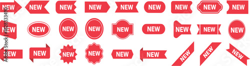 Red “NEW” label icon set, promotional tag designs, marketing badge collection, product update and advertising graphic elements
