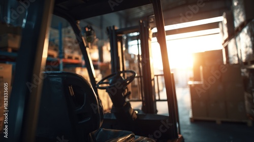 Forklift in warehouse with sunlight shining through the door.