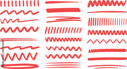 Red brush stroke icon set, textured line variations, artistic paint stroke design, abstract drawing tool illustration
