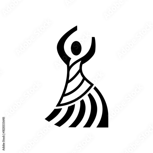 A dynamic line icon of a flamenco dancer with a raised arm and wavy dress, conveying passion and expression.